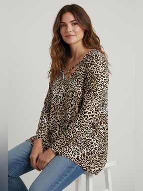 Roaman's Black and Tan Leopard Print Top